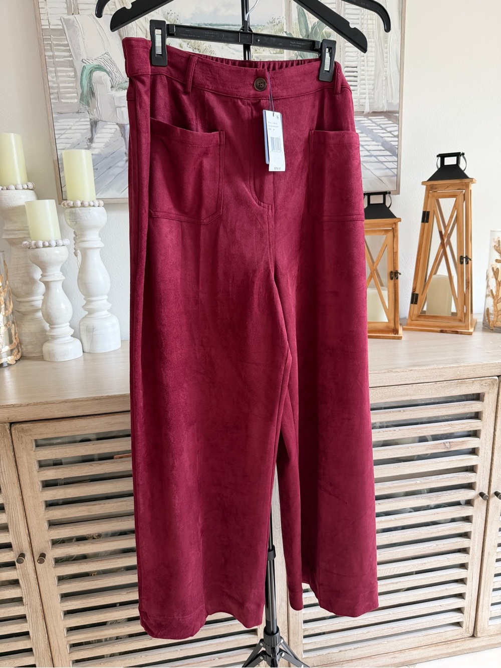 Skies are Blue Faux Suede Plus Size Burgundy Women's Pants with Front Pockets